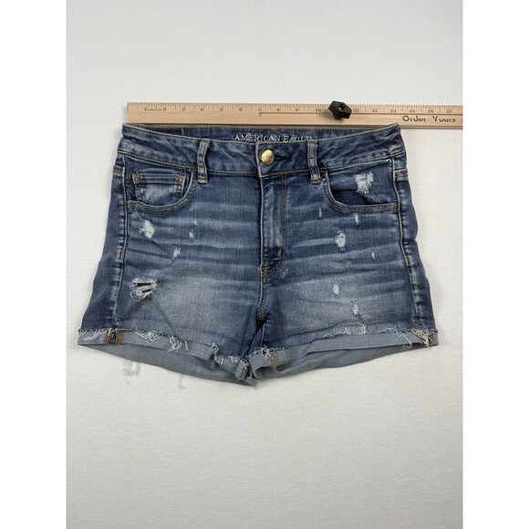 American Eagle Hi-Rise Shortie Denim Shorts Size 10 Distressed Frayed Hem - Picture 4 of 8